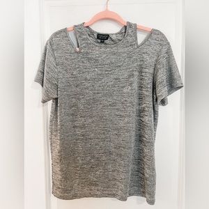Topshop Grey Metallic Short Sleeve Top with Shoulder Cut-outs